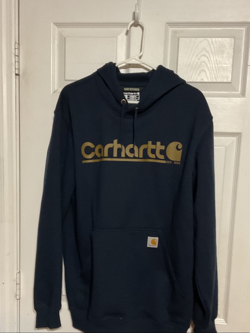 Carhartt Men's Navy Rain defender Hoodie with Gold Logo size medium